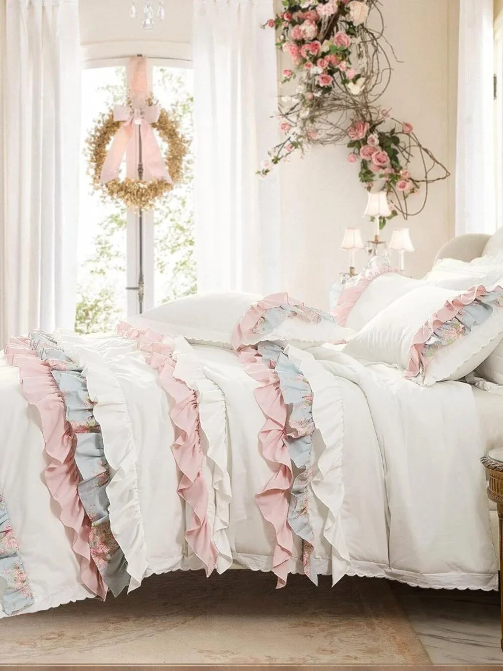 White Cotton Comforter Set Queen, 3 Piece Handmade Shabby Style Ruffle Floral Pr